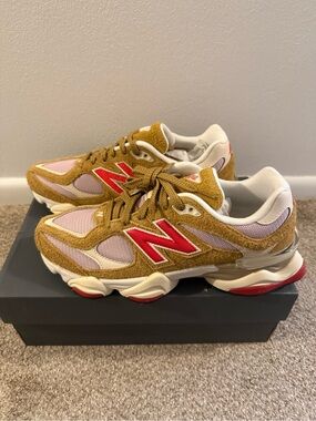 New Balance 9060 Mustard Suede & Pink Mesh Sneakers with Red Accents